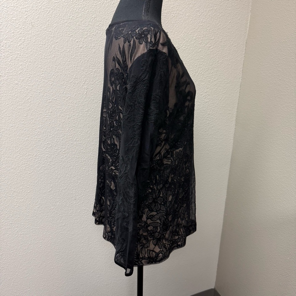 NIC+ZOE Black Lace Sheer Floral Mesh Blouse Long Sleeve Romantic Top XL - Picture 6 of 10